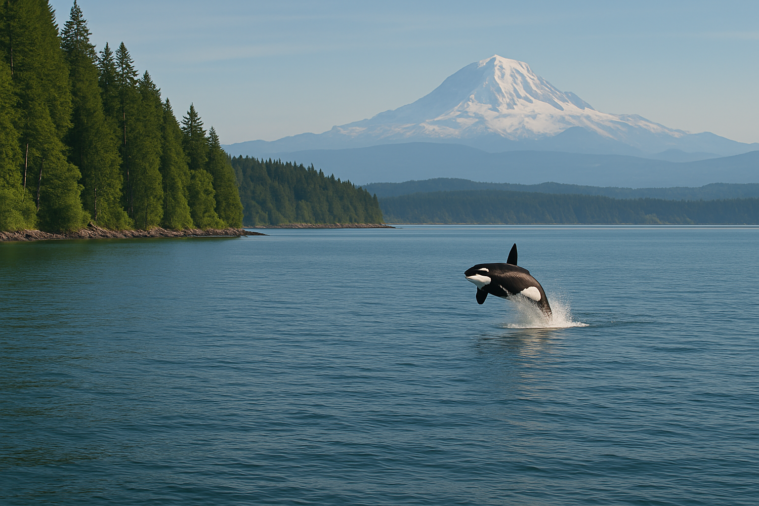 Orca breaching in Puget Sound with the Olympics behind